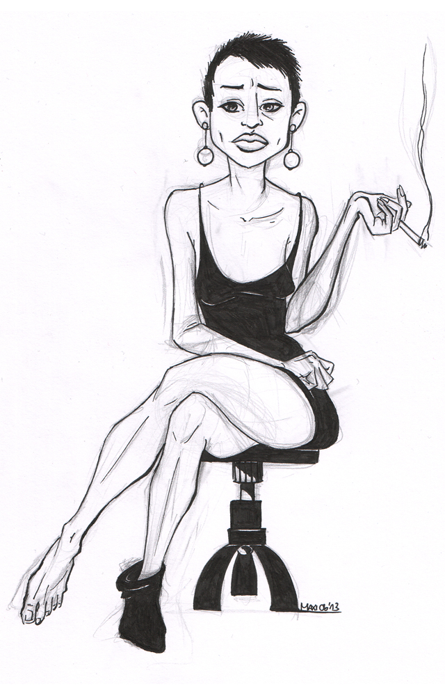 pencil and pen on paper, smoking woman, 2013